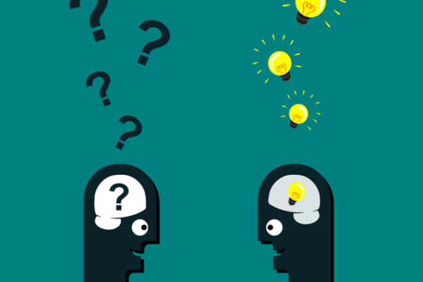 Illustration of two people thinking, with questions and ideas